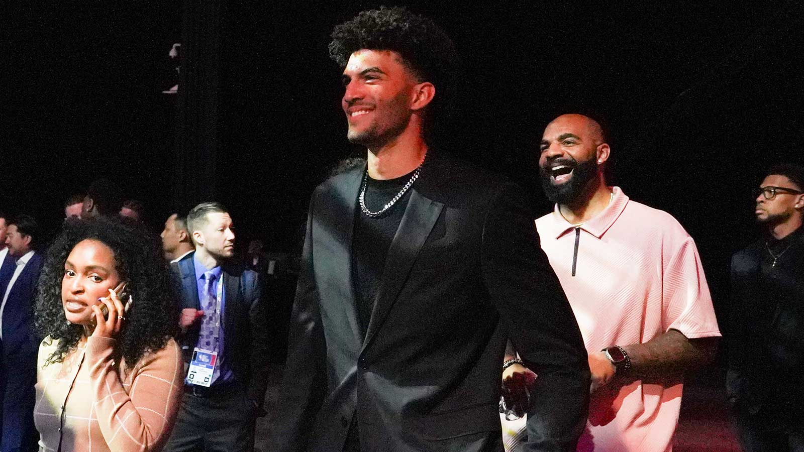 Duke's Cameron Boozer walks in with his father Carlos Boozer during the 2026 NBA Draft Lottery
