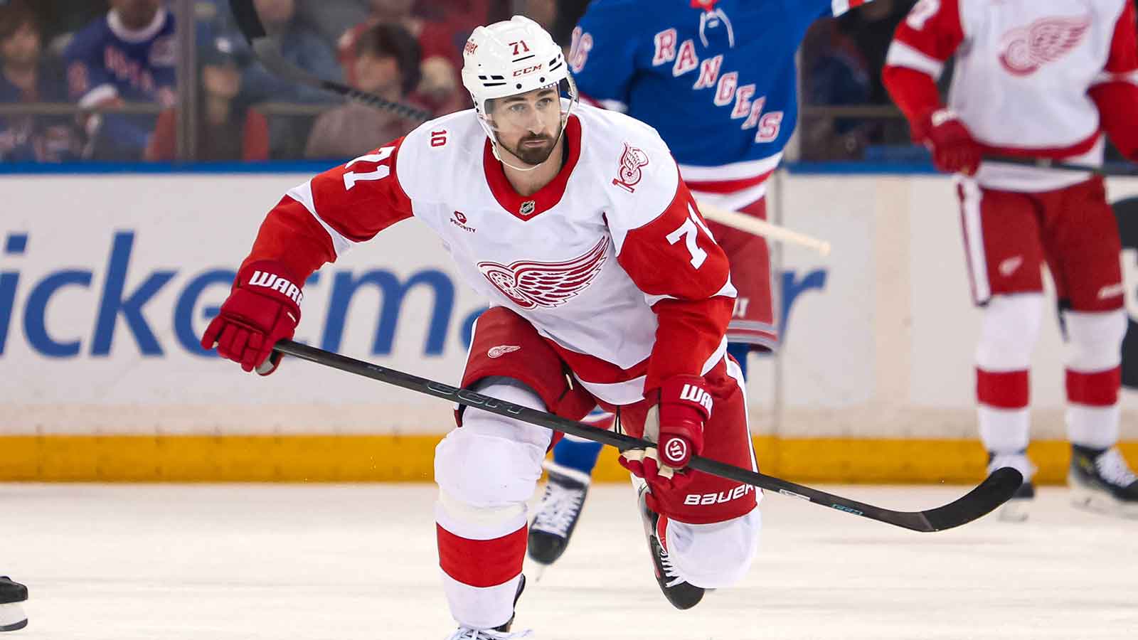 Detroit Red Wings center Dylan Larkin (71) skates up ice against the New York Rangers during the first period at Madison Square Garden.