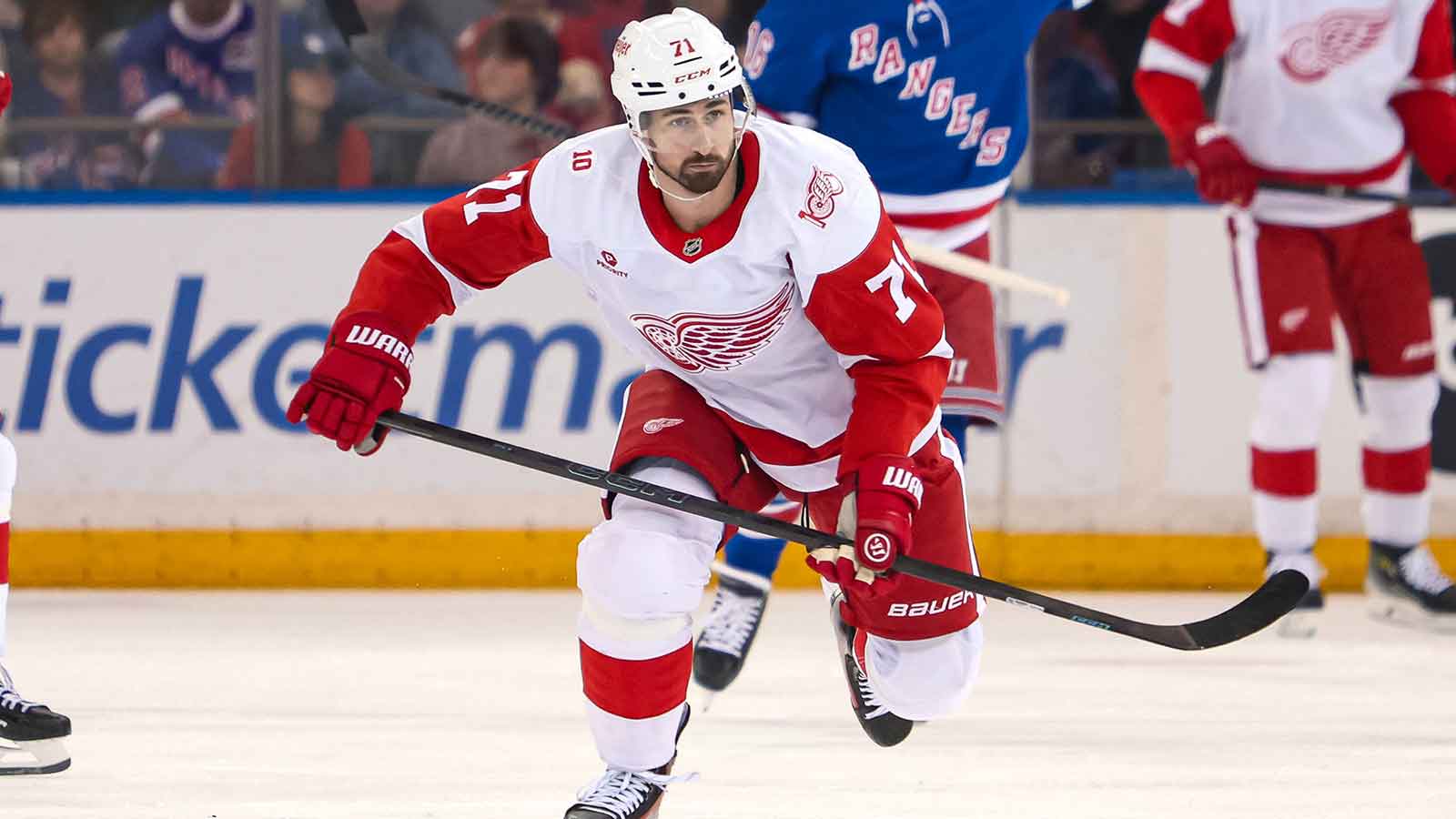 Detroit Red Wings center Dylan Larkin (71) skates up ice against the New York Rangers during the first period at Madison Square Garden
