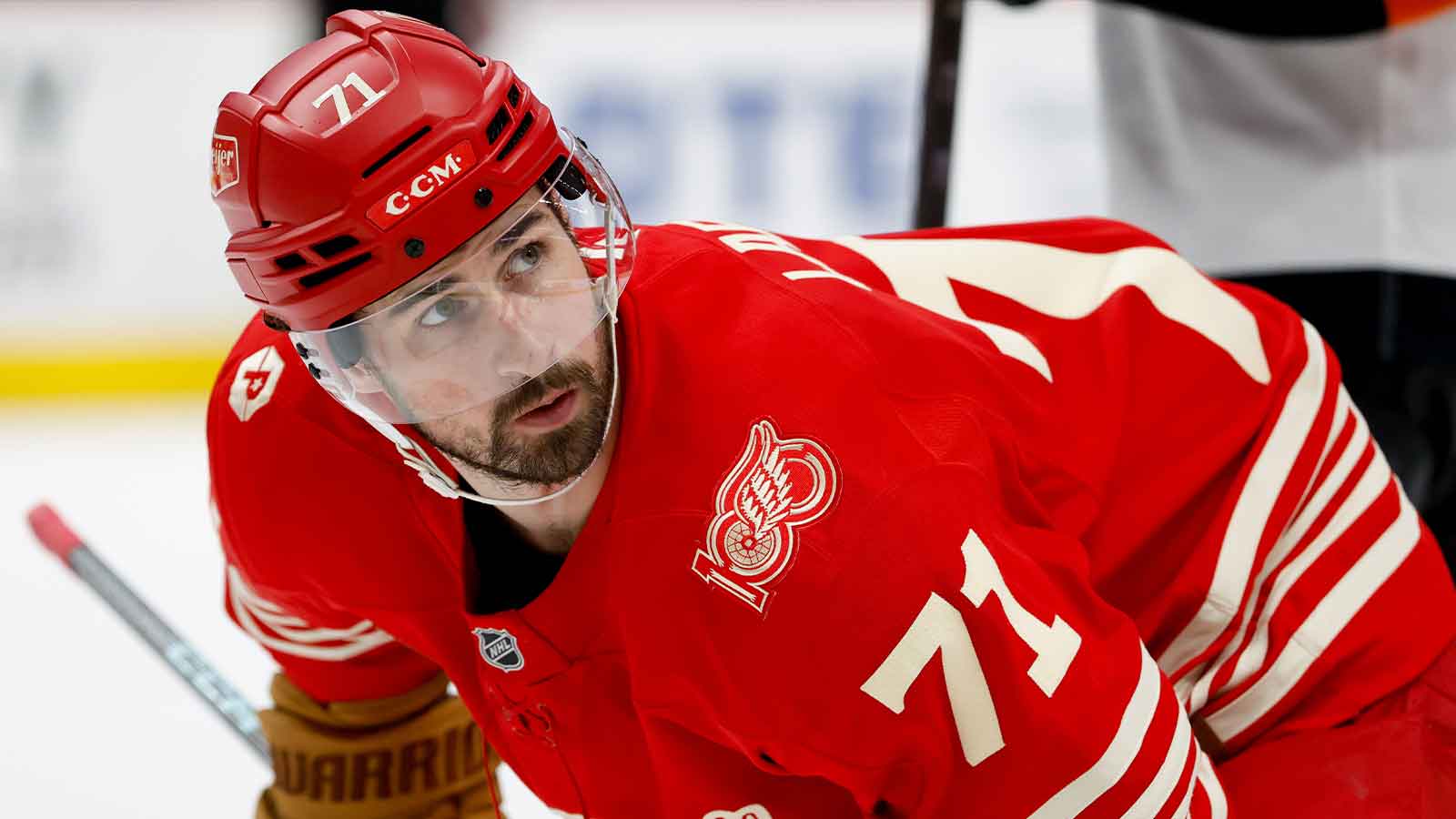 Detroit Red Wings center Dylan Larkin (71) gets set to face off in the second period against the Philadelphia Flyers at Little Caesars Arena.