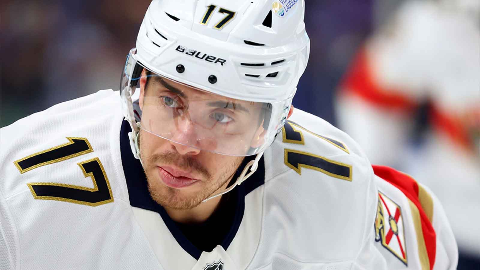 Florida Panthers center Evan Rodrigues (17) waits for the face-off during the first period against the Buffalo Sabres at KeyBank Center. 