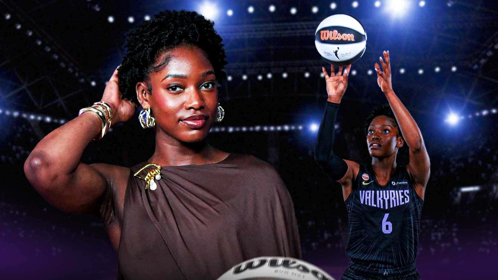 Kaila Charles with her new hairstyle (this is very important) with another image of her shooting a shot in the background.