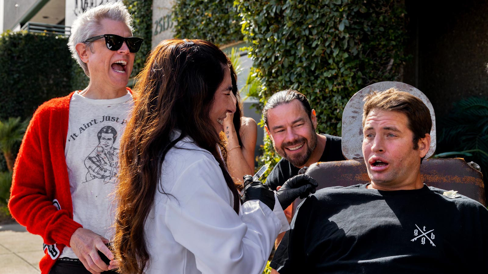 Johnny Knoxville, Chris Pontius, Dr. Julie Mizener, and Sean "Poopies" McInerney in Jackass: Best and Last.