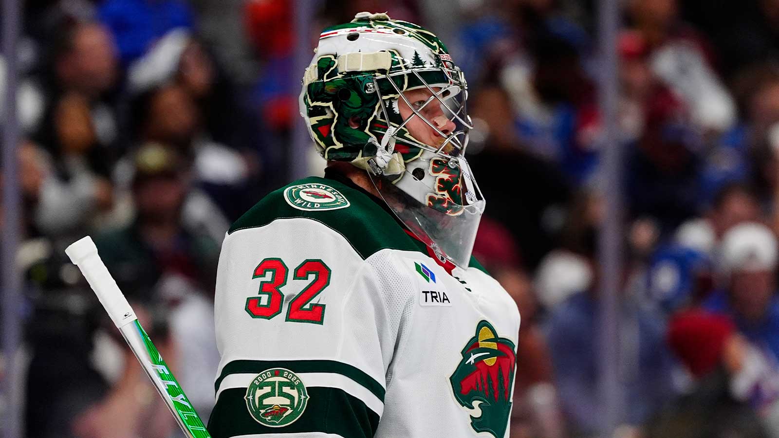 Minnesota Wild goaltender Filip Gustavsson (32) in net against the Colorado Avalanche during the second period in game two of the second round of the 2026 Stanley Cup Playoffs at Ball Arena. 