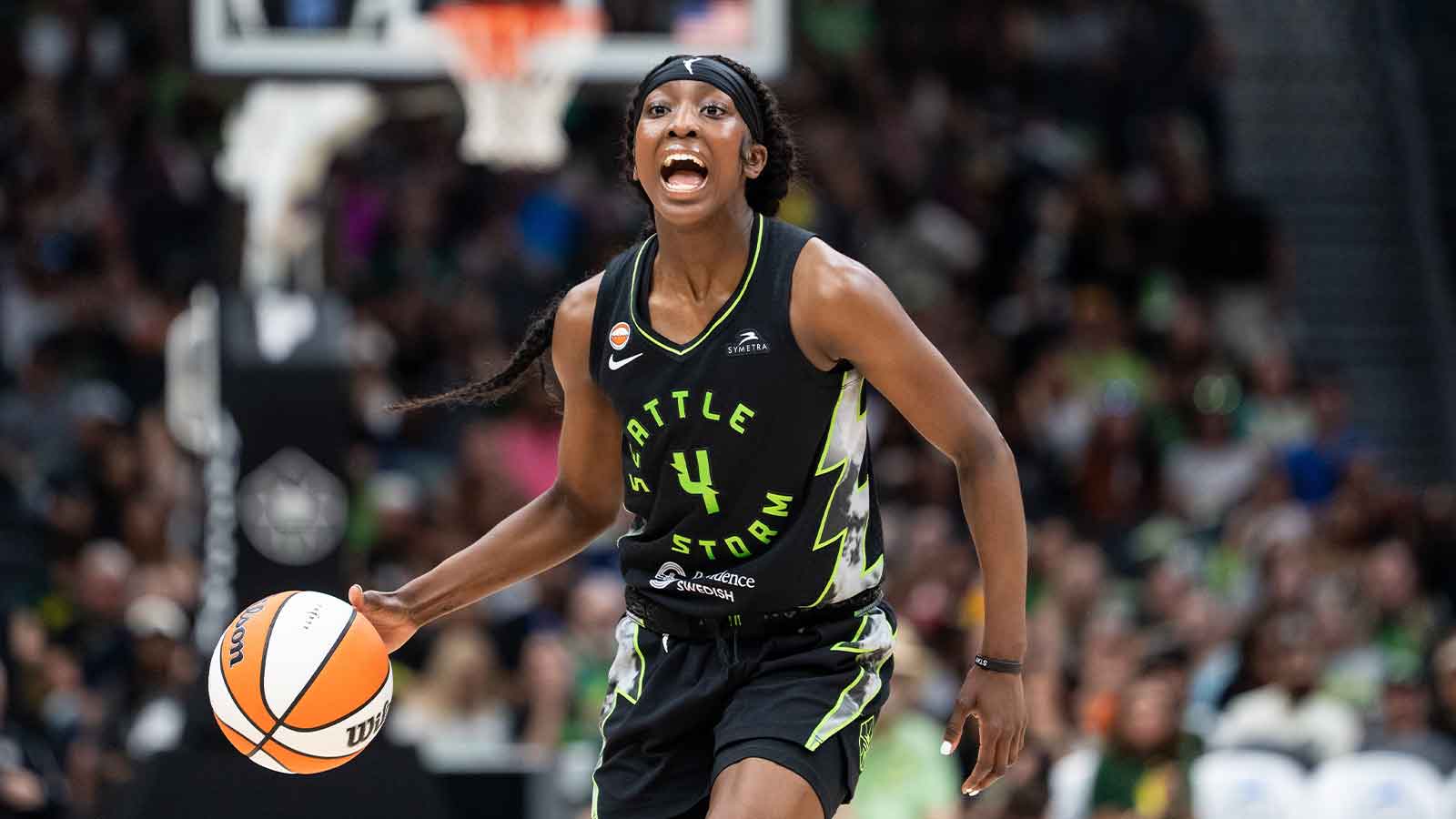 Washington, USA; Seattle Storm guard Flau'jae Johnson (4) dribbles the ball against the Washington Mystics at Climate Pledge Arena
