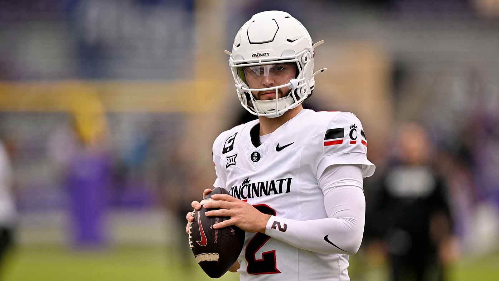 Cincinnati Bearcats quarterback Brendan Sorsby (2) warms up before the game against the TCU Horned Frogs at Amon G. Carter Stadium.