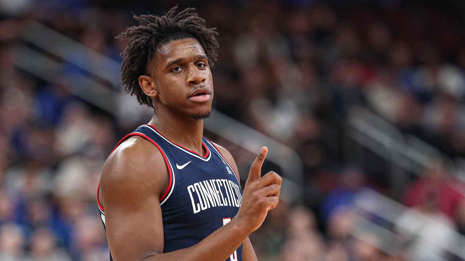 UConn Huskies forward Tarris Reed Jr. (5) reacts after scoring a basket against the Seton Hall Pirates during the first half at Prudential Center.