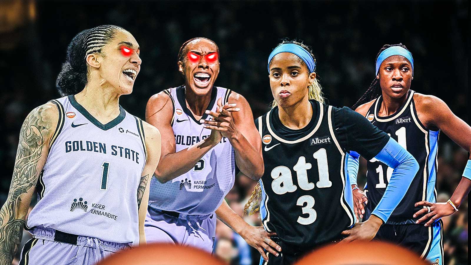 Valkyries' Gabby Williams and Kayla Thornton hyped up with laser eyes with Dream players Jordan Canada and Rhyne Howard looking sad