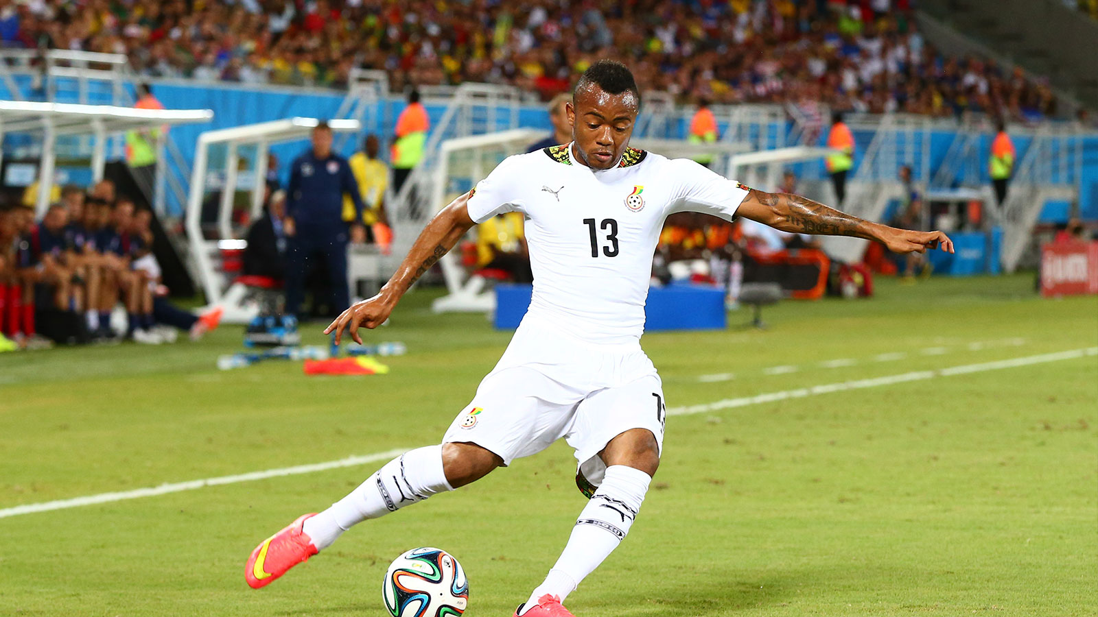 Ghana forward Jordan Ayew (13) against USA during the 2014 World Cup at Estadio das Dunas. USA defeated Ghana 2-1. 