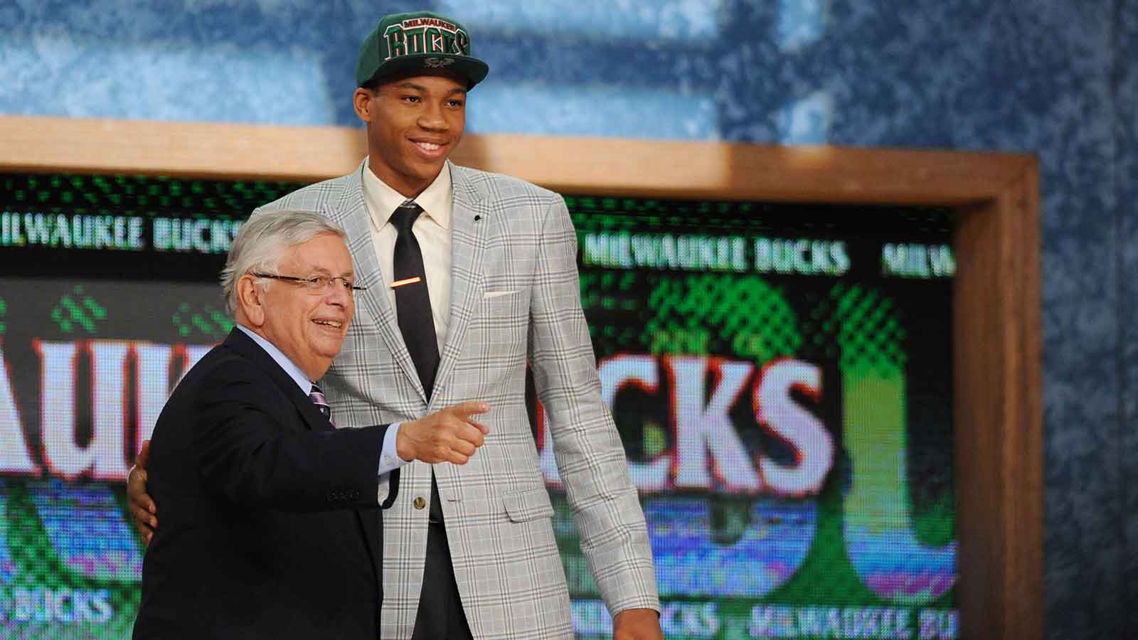 Giannis Antetokounmpo poses for a photo with NBA commissioner David Stern after being selected as the number fifteen overall pick to the Milwaukee Bucks during the 2013 NBA Draft at the Barclays Center. 