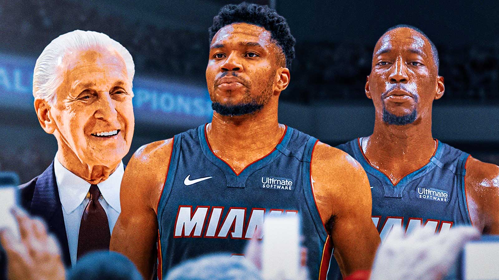 Giannis Antetokounmpo in Heat jersey in the middle between Bam Adebayo and Pat Riley in front of Kaseya Center.