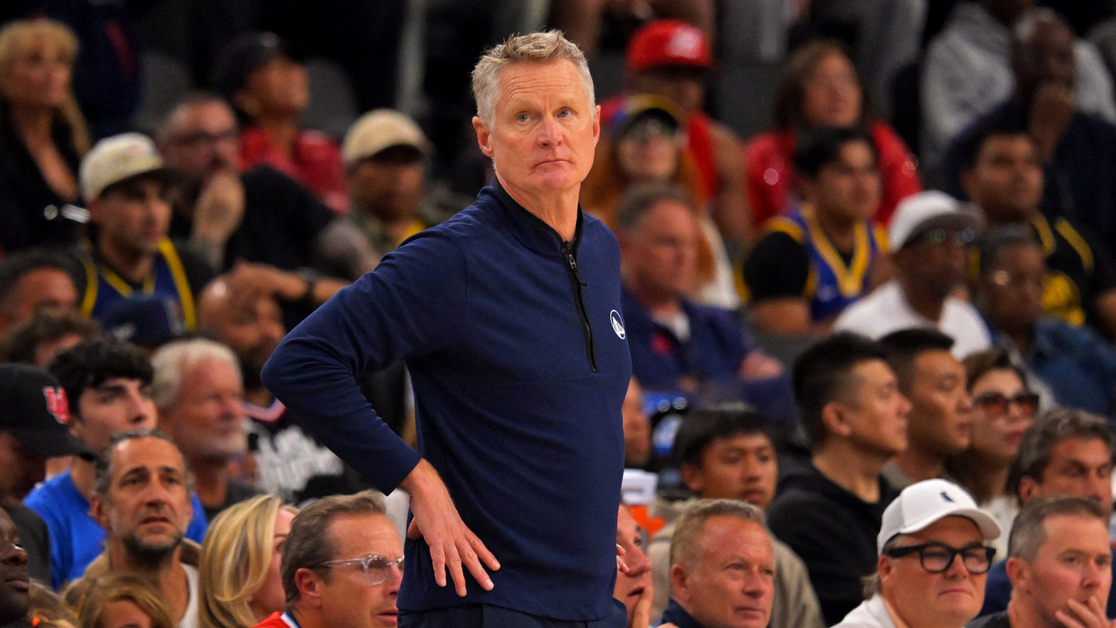 Golden State Warriors head coach Steve Kerr in the second half against the Los Angeles Clippers during the play-in rounds of the 2026 NBA Playoffs at Intuit Dome