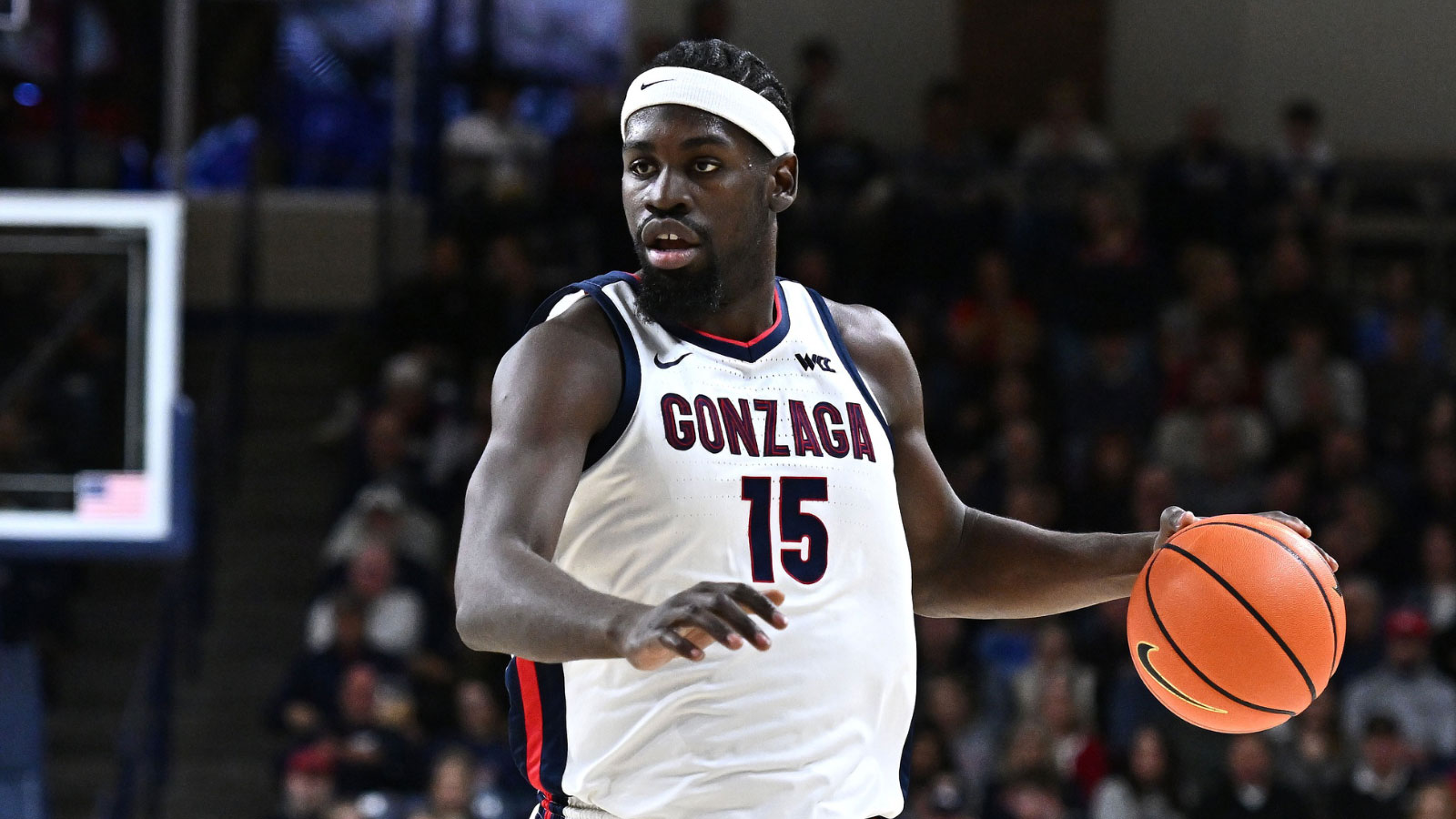 Gonzaga Bulldogs forward Graham Ike (15) controls the ball against the Portland Pilots in the first half at McCarthey Athletic Center.