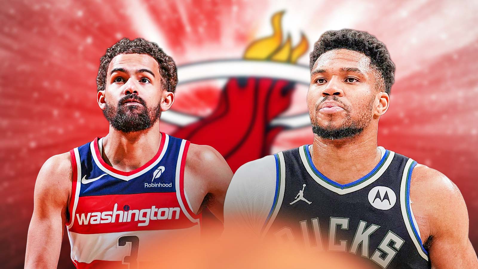 - Trae Young on one side - Giannis Antetokounmpo on the other side - Miami Heat wallpaper in the background