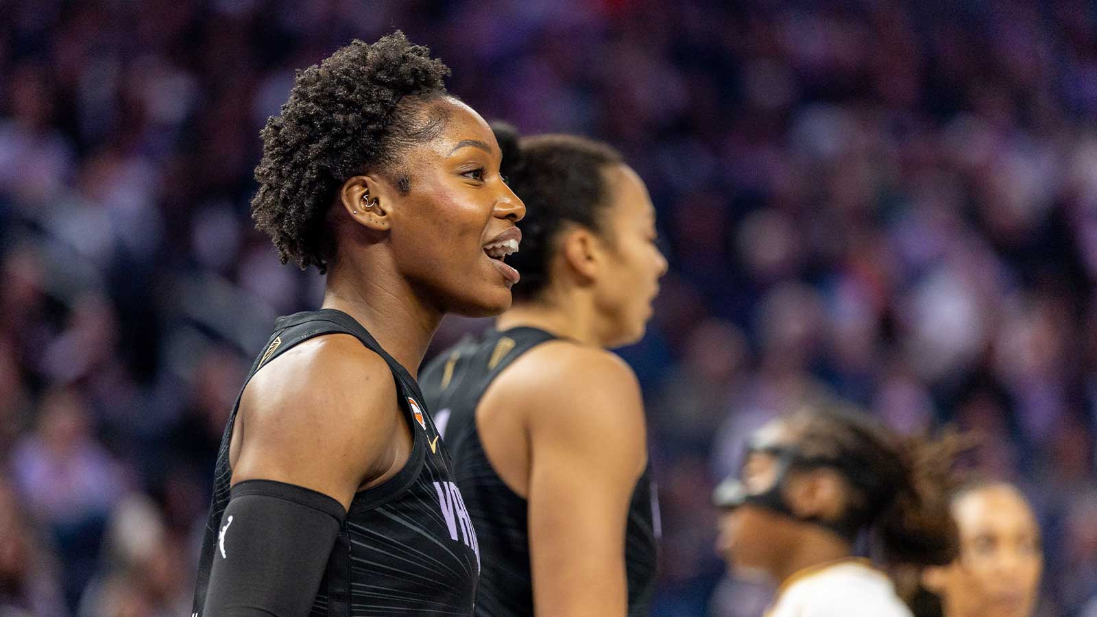 Golden State Valkyries guard-forward Kaila Charles (6) protests a foul during the second quarter against the Los Angeles Sparks in a Commissioner’s Cup game at Chase Center.