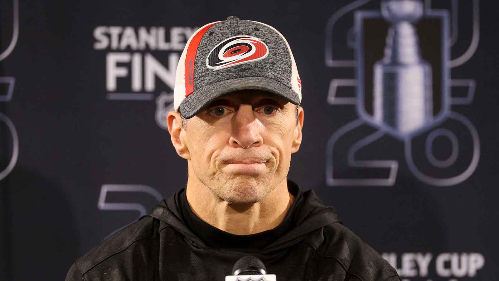 Carolina Hurricanes head coach Rod Brind'Amour during a press conference for the 2026 Stanley Cup Final at Lenovo Center.