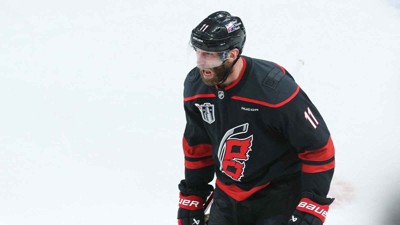 Carolina Hurricanes center Jordan Staal (11) celebrates scoring during the third period against the Vegas Golden Knights in game two of the 2026 Stanley Cup Final at Lenovo Center.