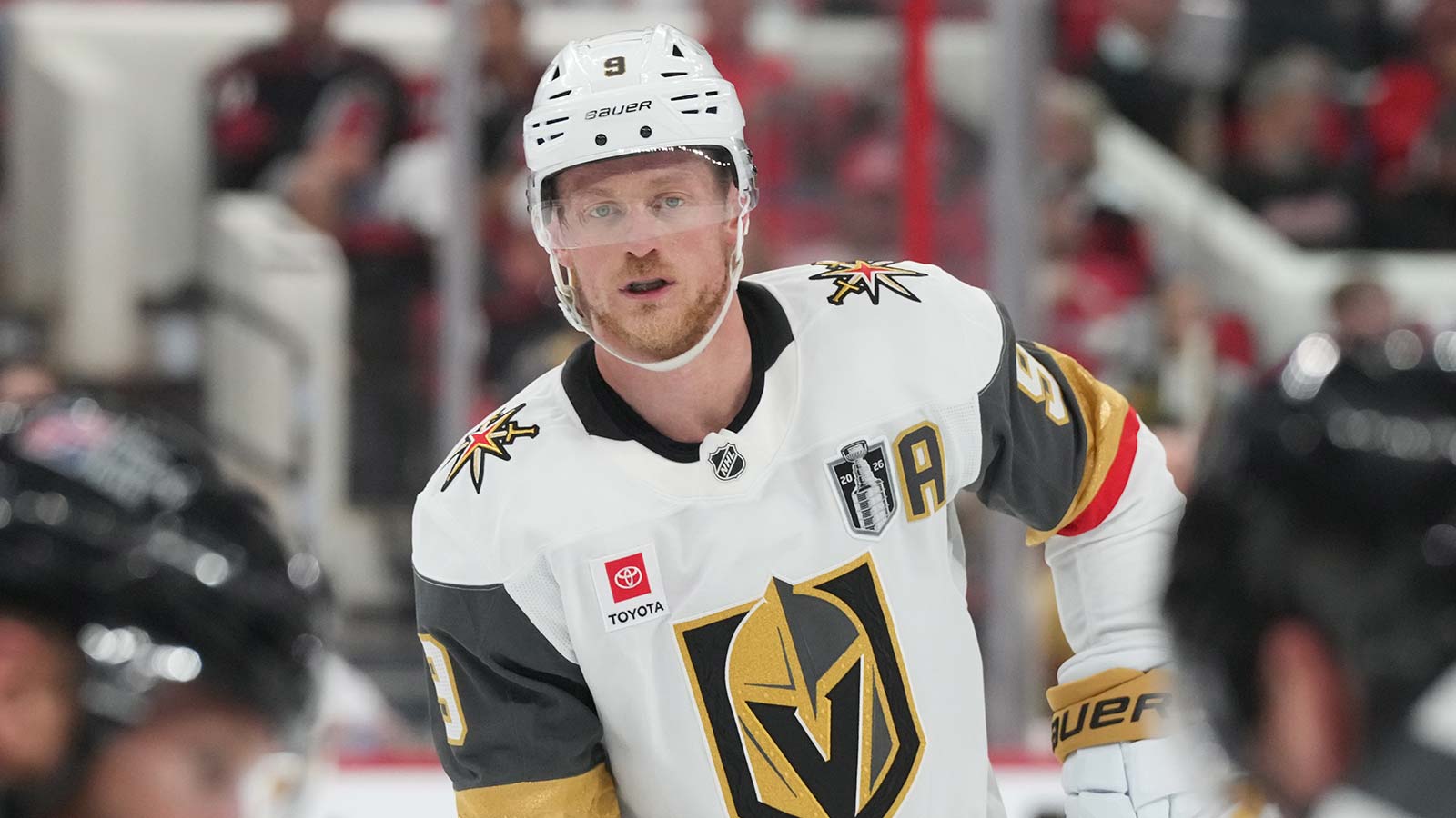Vegas Golden Knights center Jack Eichel (9) looks on during the second period against the Carolina Hurricanes in game two of the 2026 Stanley Cup Final at Lenovo Center. 