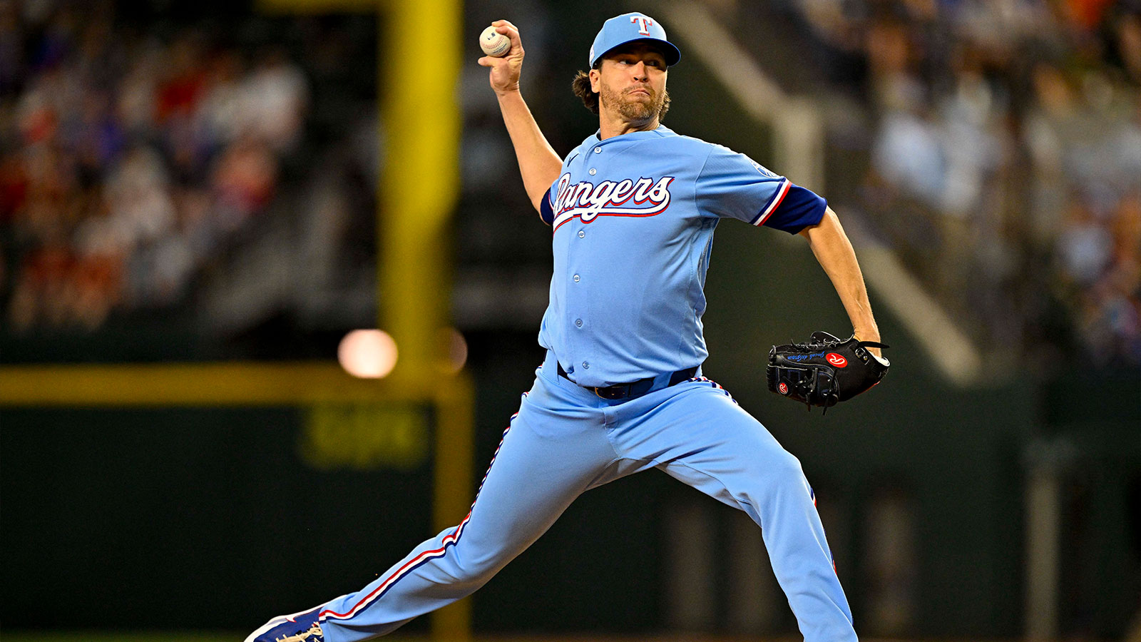 Texas Rangers starting pitcher Jacob Degrom (48) pitches against the Cleveland Guardians during the third inning at Globe Life Field
