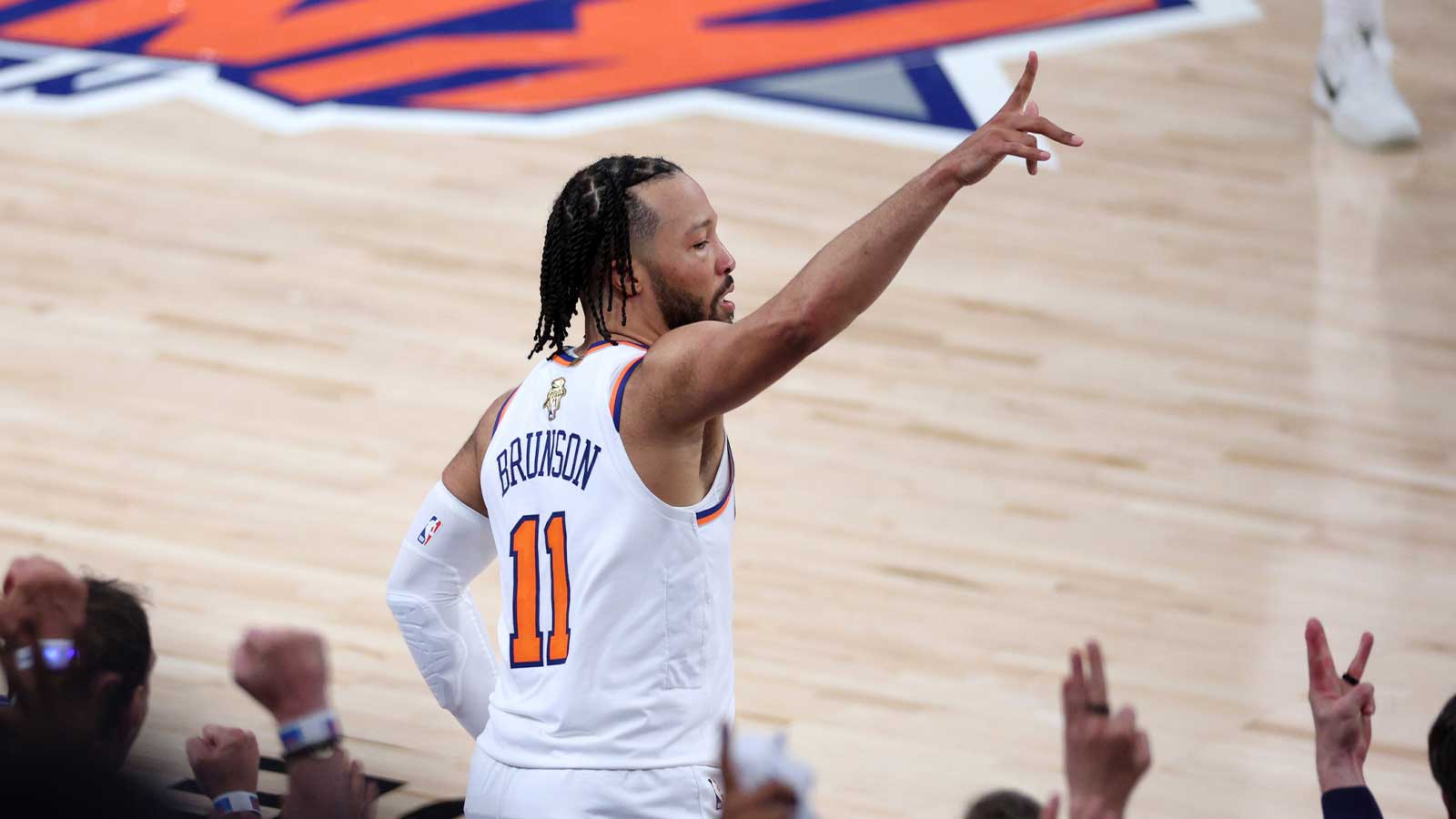 New York Knicks guard Jalen Brunson (11) reacts in the second quarter against the San Antonio Spurs during game three of the 2026 NBA Finals at Madison Square Garden. 