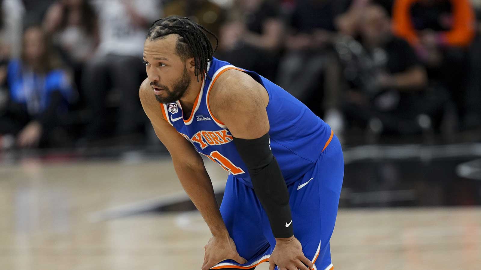 New York Knicks guard Jalen Brunson (11) looks on in the first quarter during game two of the 2026 NBA Finals at Frost Bank Center. 