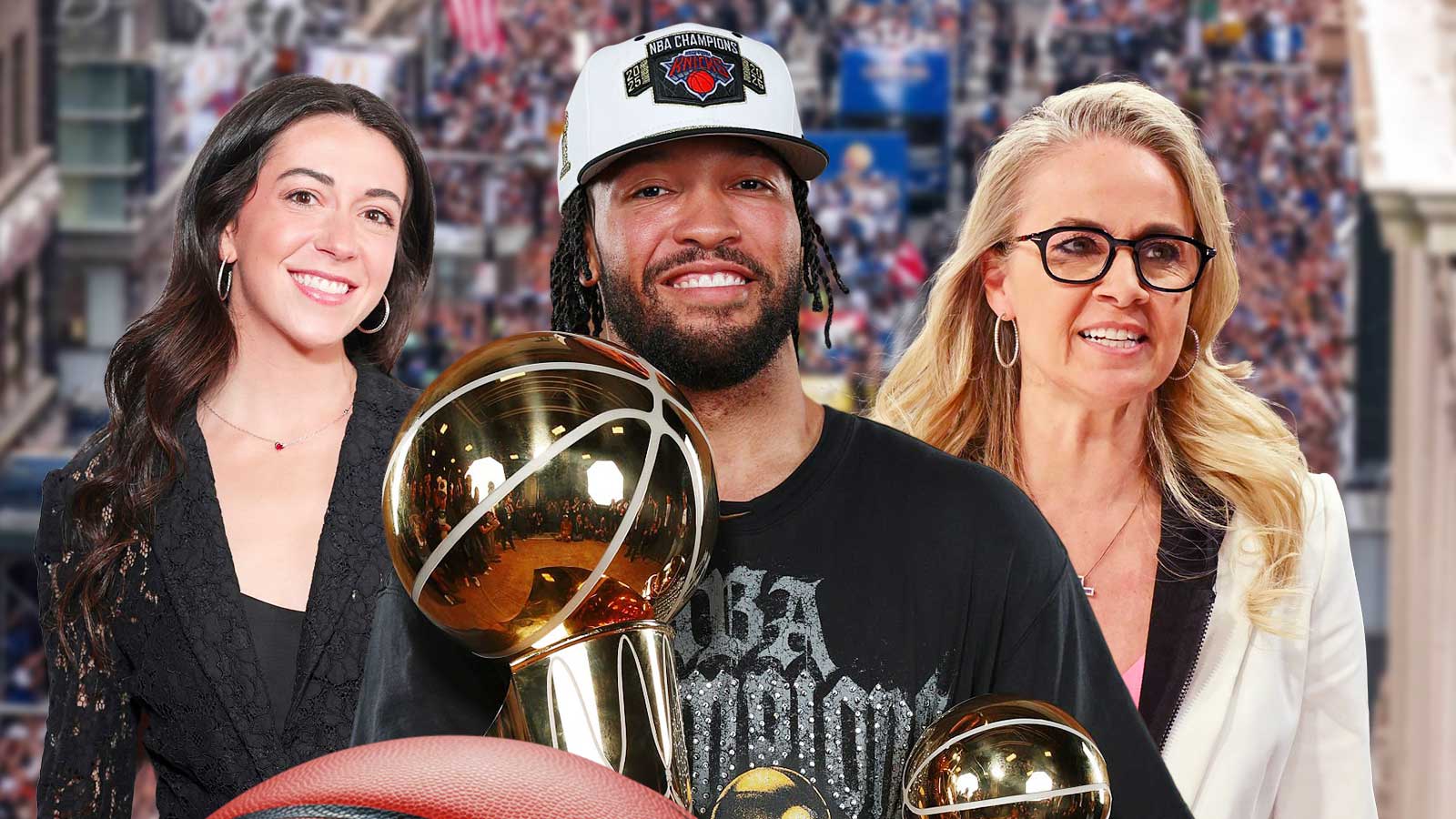 New York Knicks guard Jalen Brunson after winning the NBA Finals in the middle of his wife, Ali, and Becky Hammon, with championship parade in background.