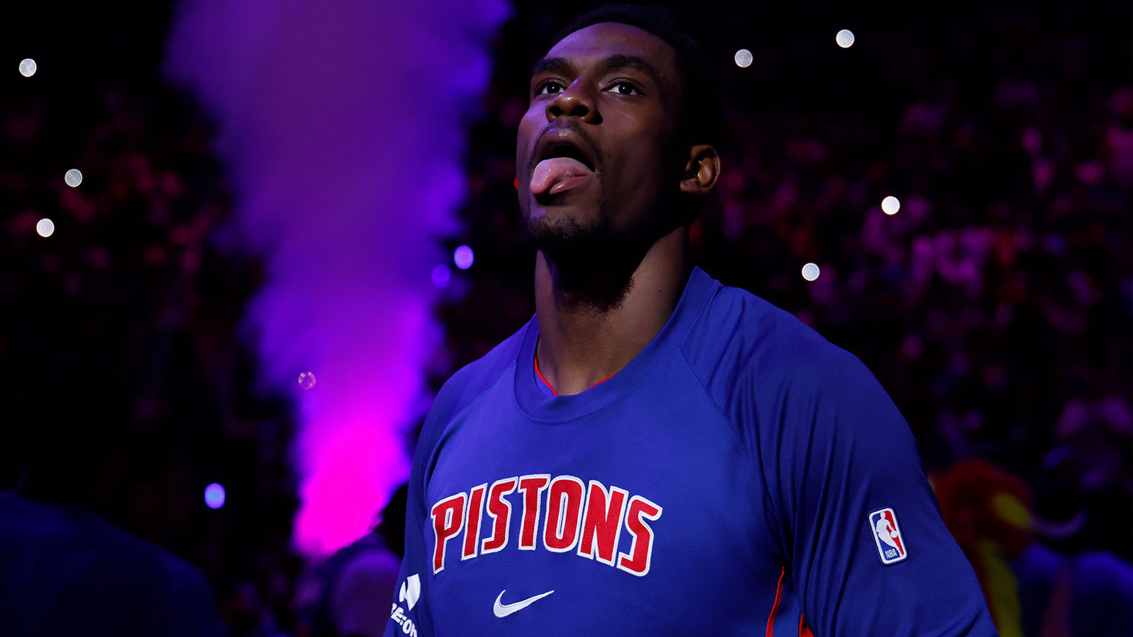 Detroit Pistons center Jalen Duren (0) reacts before game seven of the second round of the 2026 NBA Playoffs against the Cleveland Cavaliers at Little Caesars Arena. 