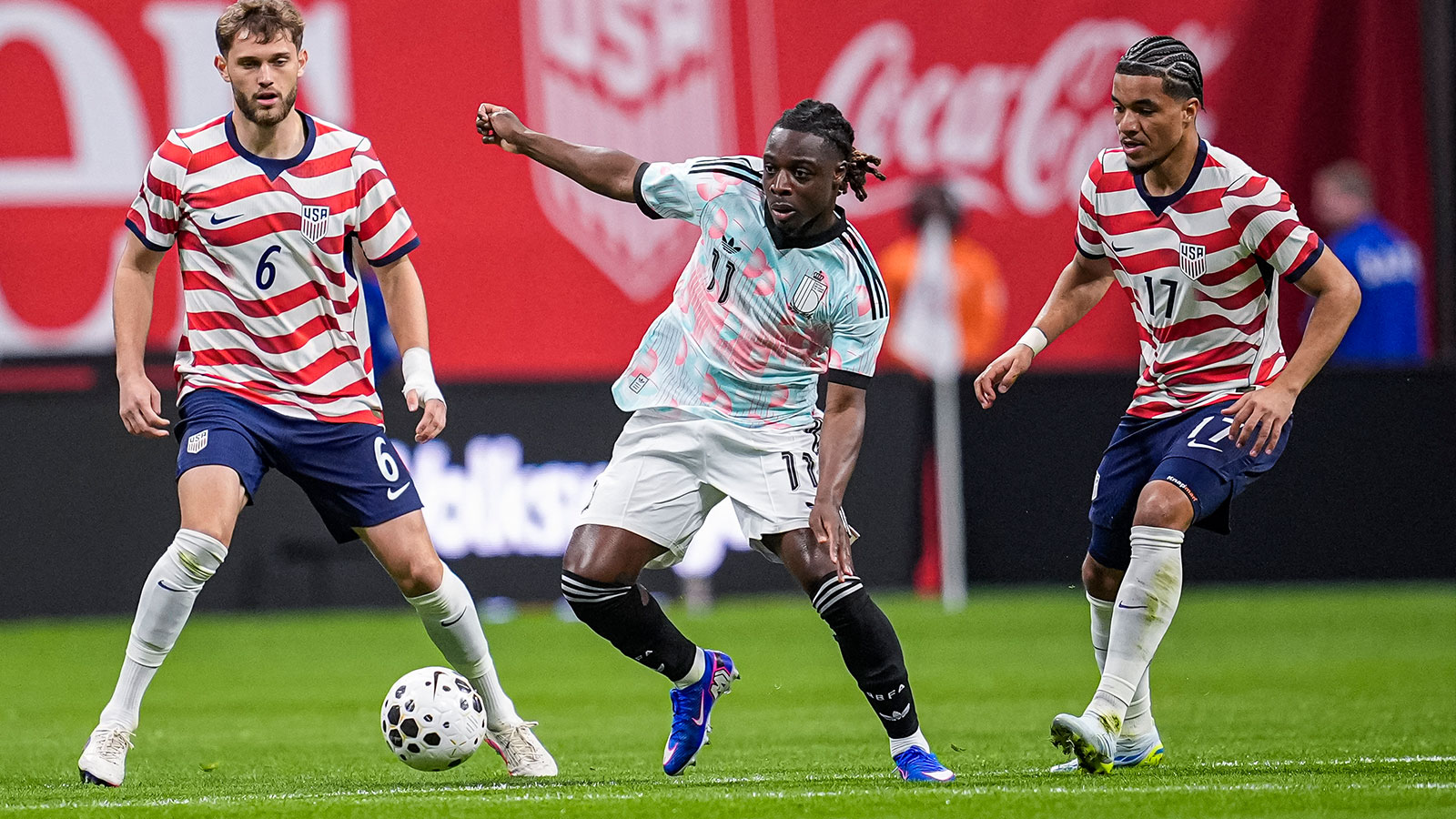Belgium’s Jeremy Doku (11) controls the ball against the USA at Mercedes-Benz Stadium