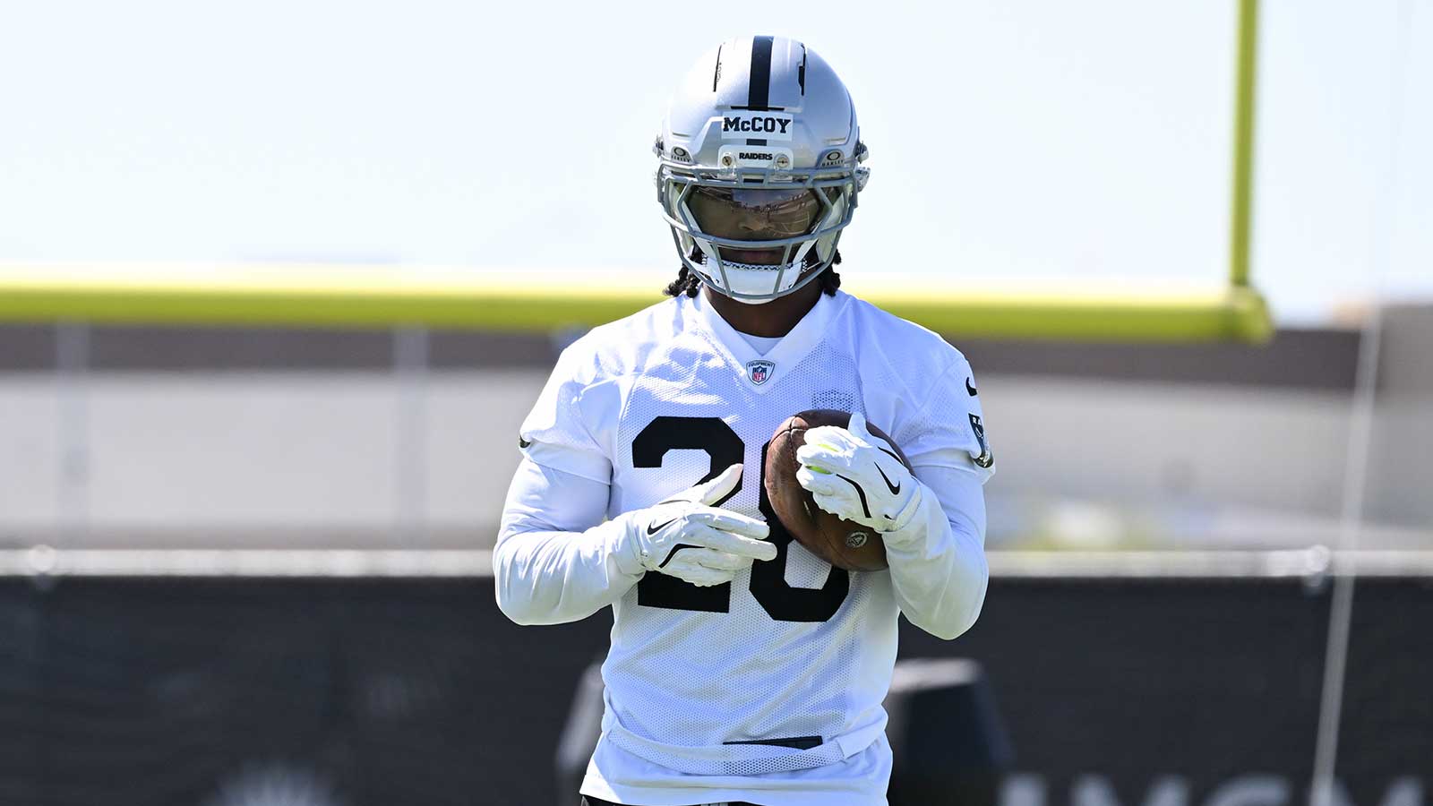 Las Vegas Raiders cornerback Jermod McCoy (28) practices during organized team activities at Intermountain Health Performance Center.