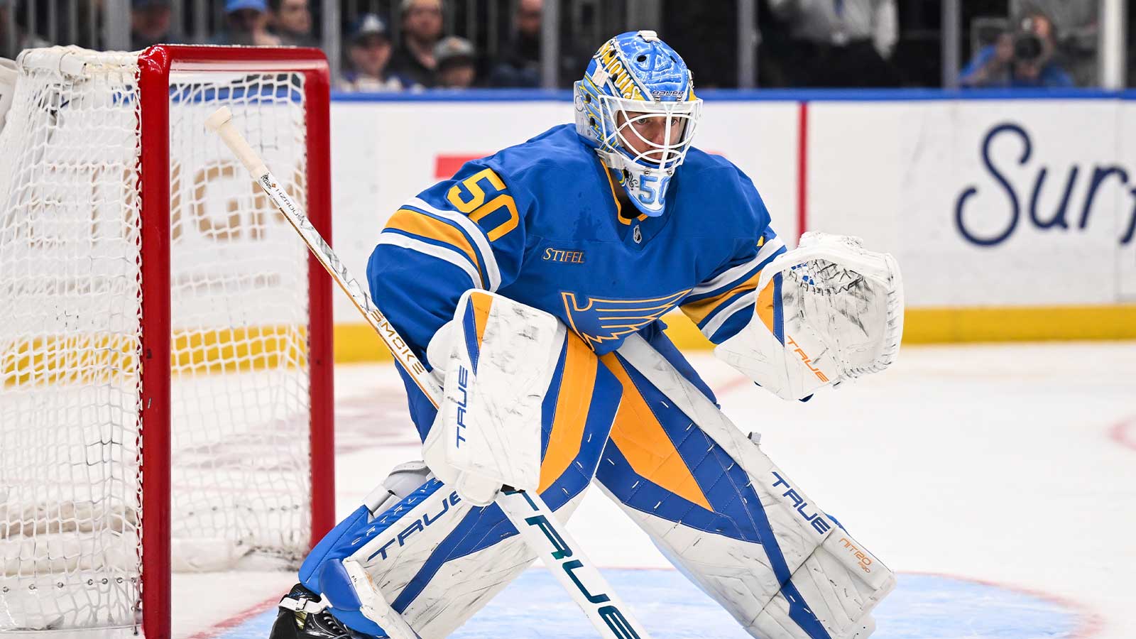 St. Louis Blues goaltender Jordan Binnington (50) defends the net during the third period against the Pittsburgh Penguins at Enterprise Center. 