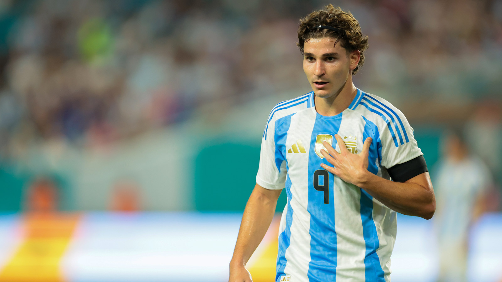 Argentina forward Julian Alvarez (9) looks on against Venezuela during the second half at Hard Rock Stadium. 
