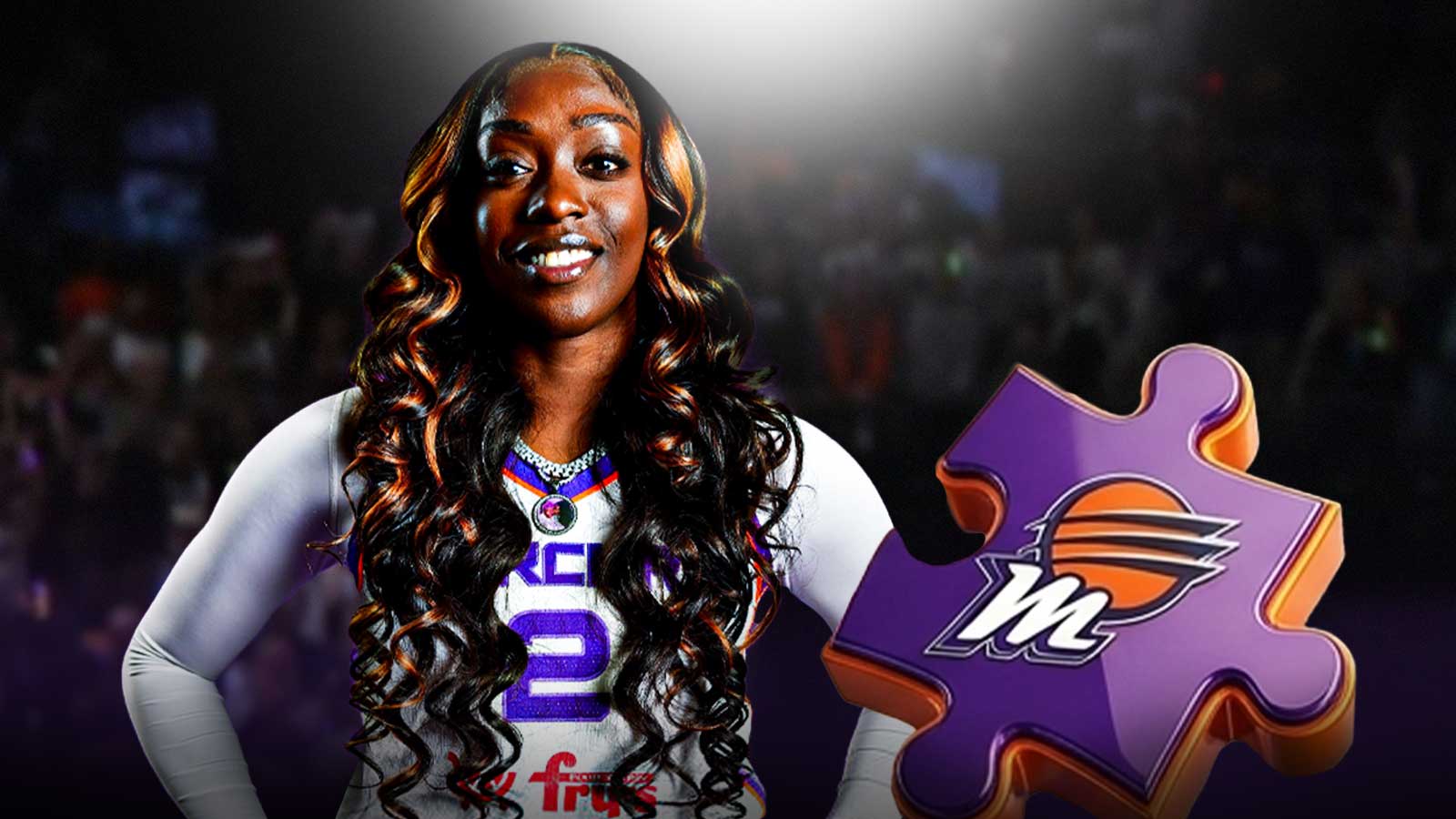 Phoenix Mercury guard Kahleah Copper smiling with a puzzle piece next to her with the Phoenix Mercury's logo on it, and a background of the Mercury's home arena.