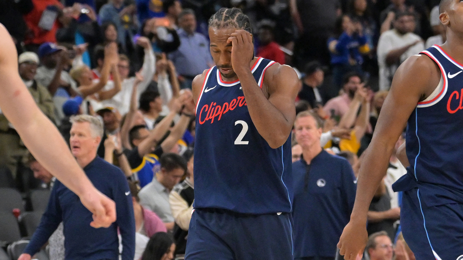 ; Los Angeles Clippers forward Kawhi Leonard (2) leaves the court after being defeated by the Golden State Warriors during the play-in rounds of the 2026 NBA Playoffs at Intuit Dome.