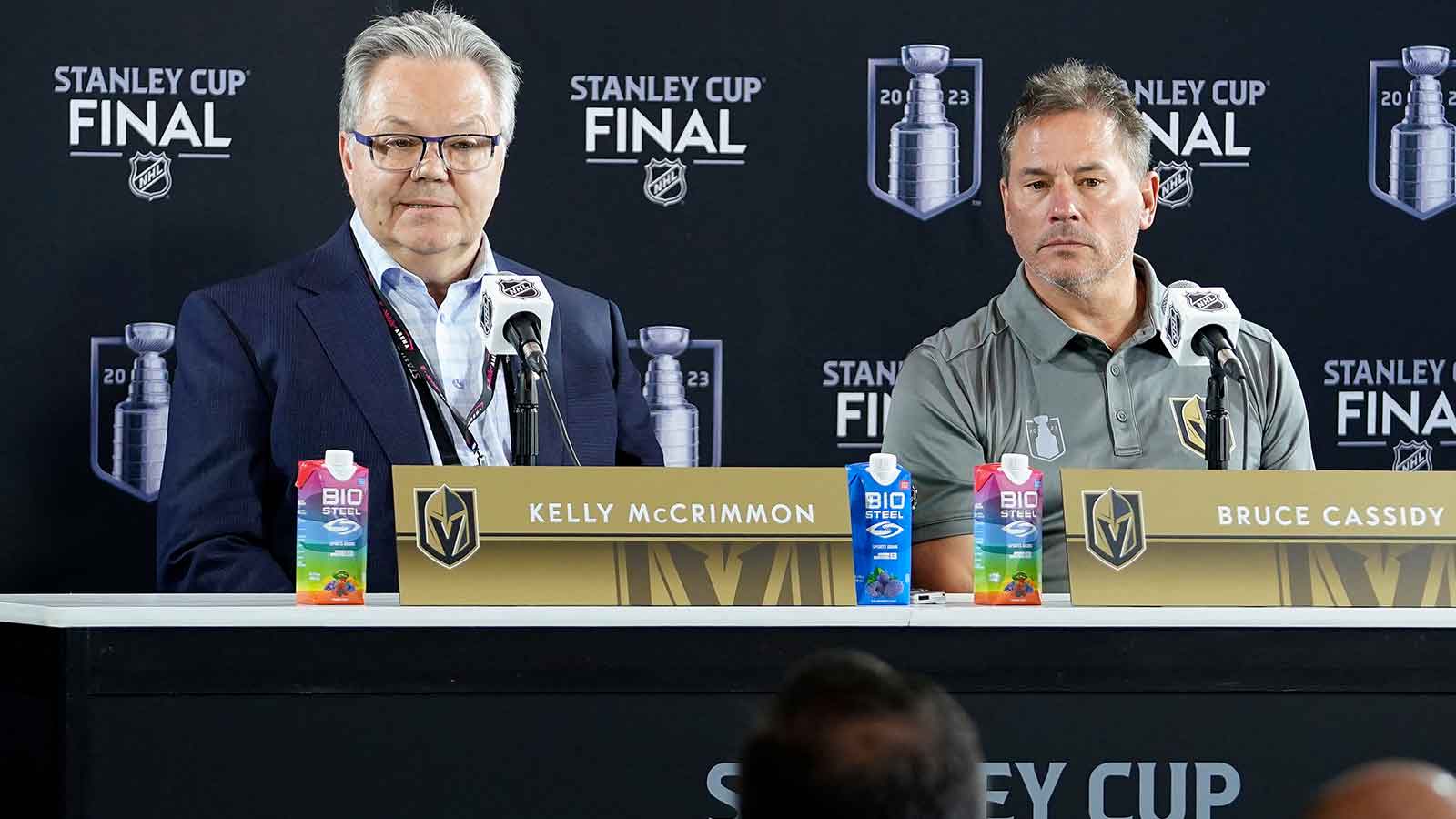 Vegas Golden Knights general manager Kelly McCrimmon and head coach Bruce Cassidy answers questions to the press during media day in advance of the 2023 Stanley Cup Final. 