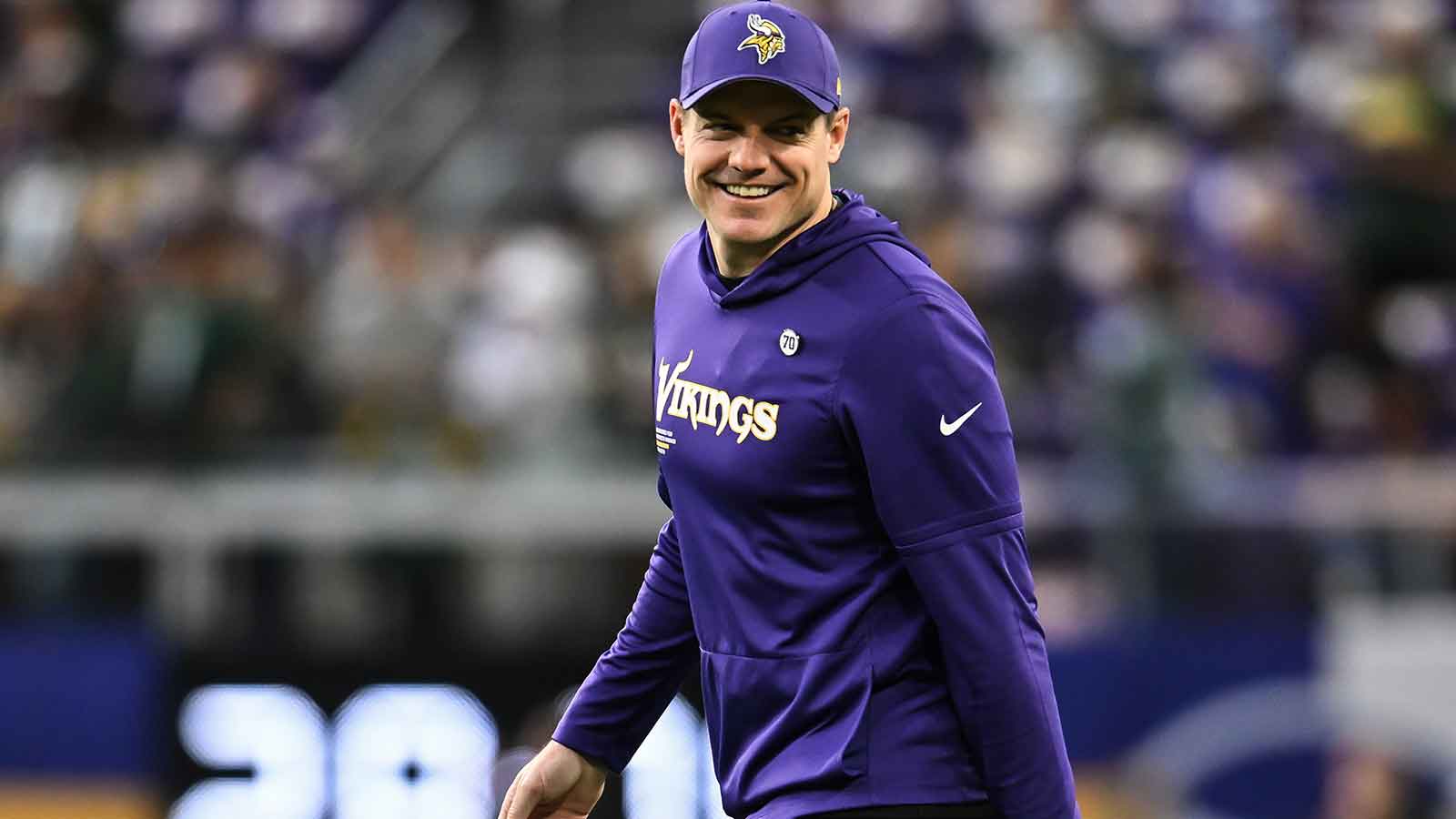 Minnesota Vikings head coach Kevin O'Connell is seen during warmups prior to the game against the Green Bay Packers at U.S. Bank Stadium.