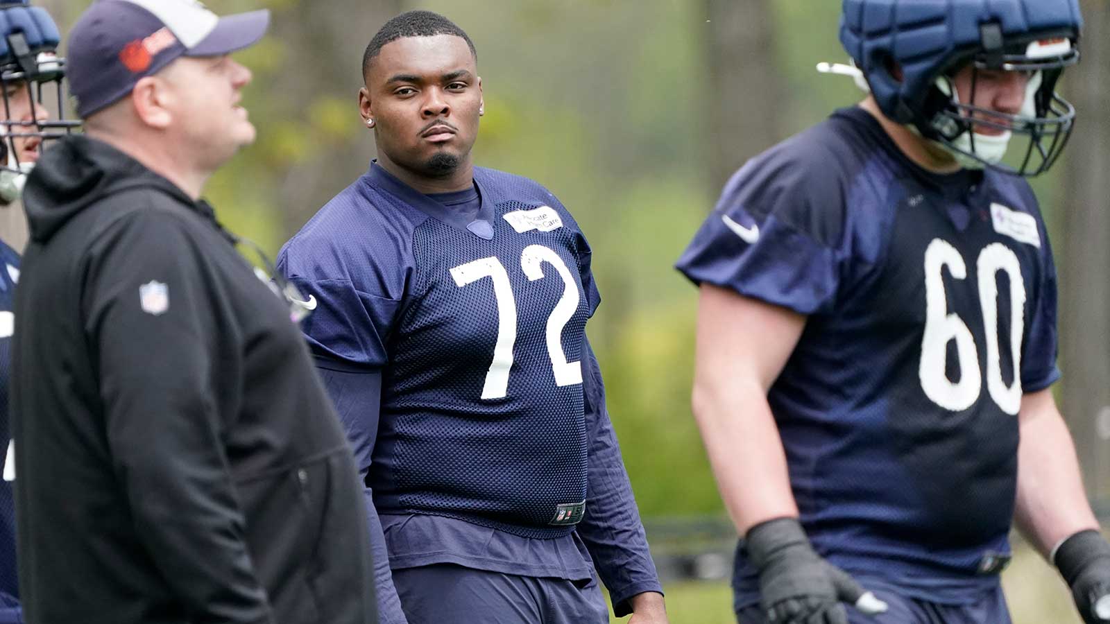Chicago Bears offensive lineman Kiran Amegadjie (72) during Chicago Bears rookie minicamp at Halas Hall