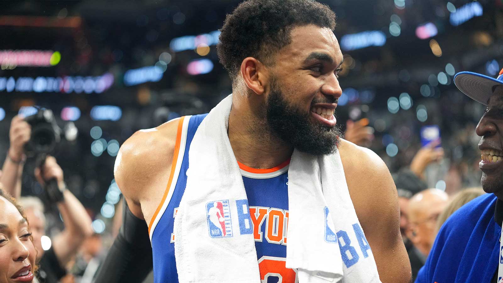 Knicks center Karl-Anthony Towns (32) walks off the court after the Knicks defeat the San Antonio Spurs in game two of the 2026 NBA Finals at Frost Bank Center