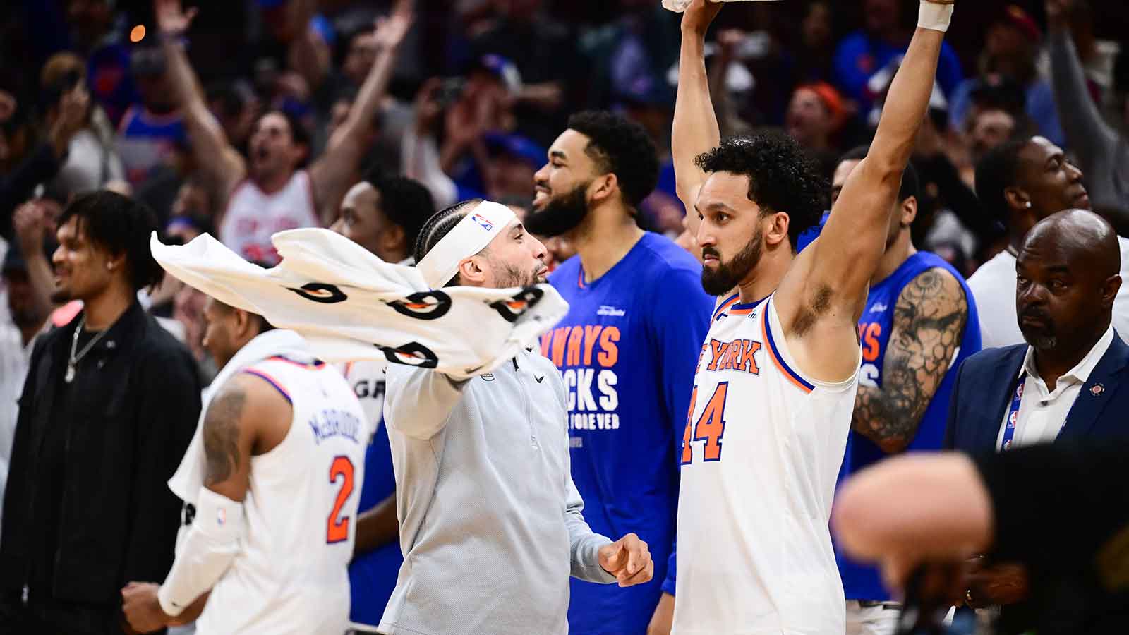 Knicks guard Landry Shamet (44) reacts after defeating the Cleveland Cavaliers in game four of the eastern conference finals for the 2026 NBA playoffs at Rocket Arena