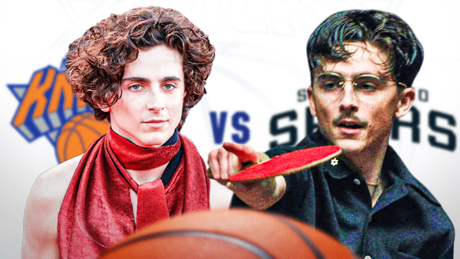 Timothee Chalamet as Marty Supreme; Knicks and Spurs logo