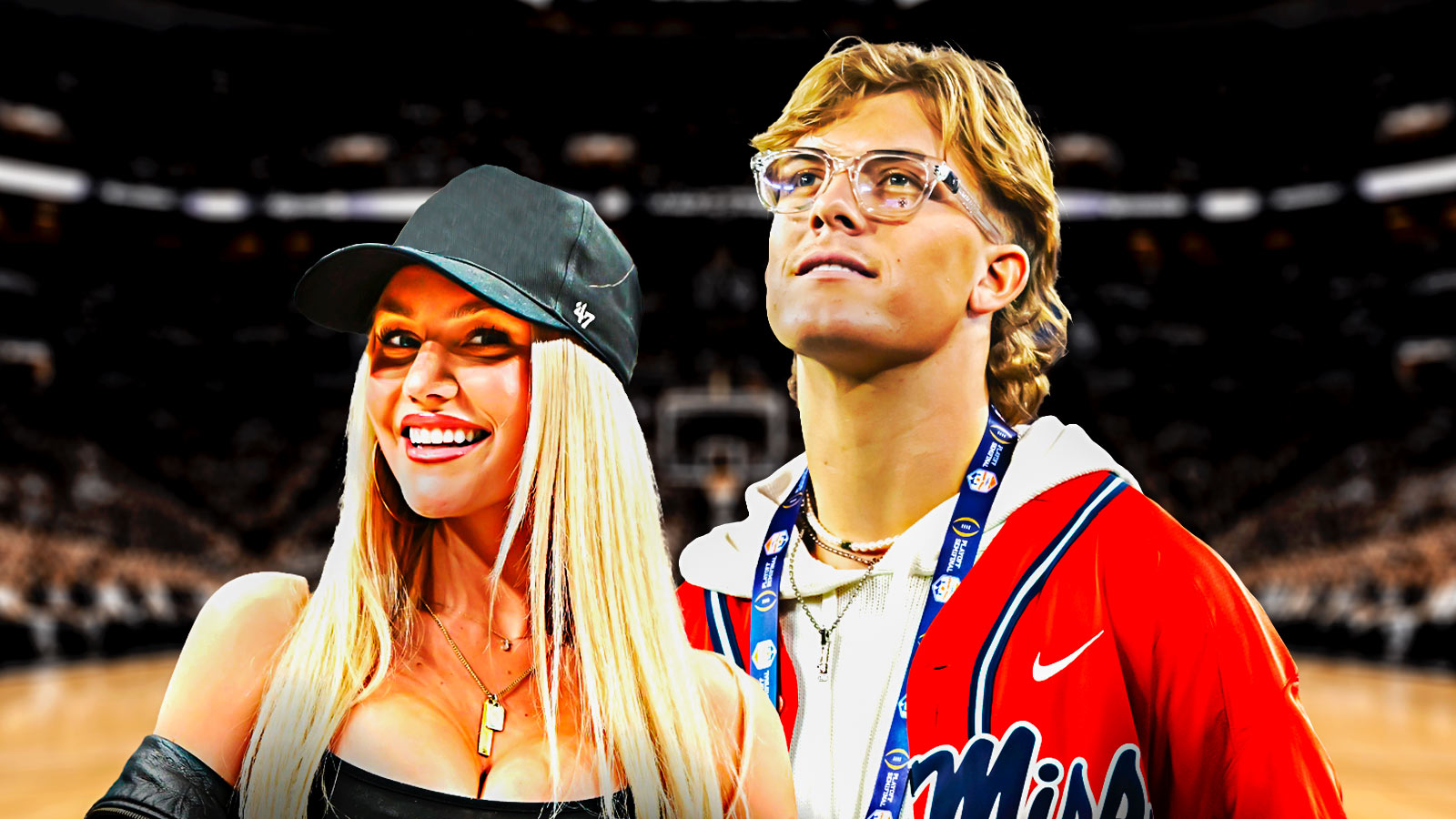 Marissa Ayers, the girlfriend of Giants QB Jaxson Dart, with San Antonio Spurs and New York Knicks NBA Finals game in background.