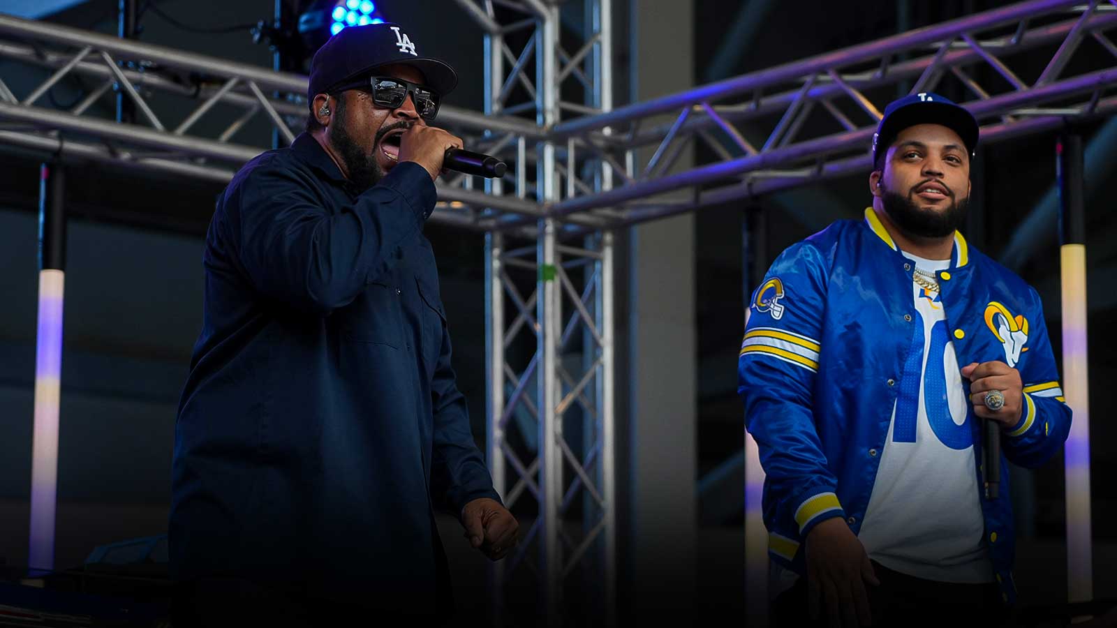 Recording artist Ice Cube (left) and son O'Shea Jackson Jr. perform during the game between the Los Angeles Rams and the Pittsburgh Steelers at SoFi Stadium.