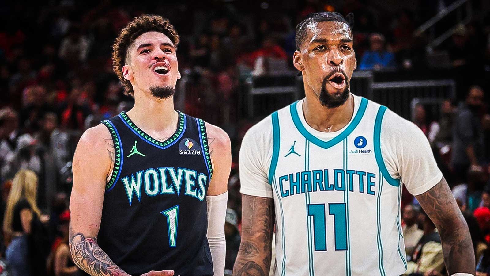 LaMelo Ball photoshopped in Timberwolves jersey, Naz Reid photoshopped in Hornets jersey.