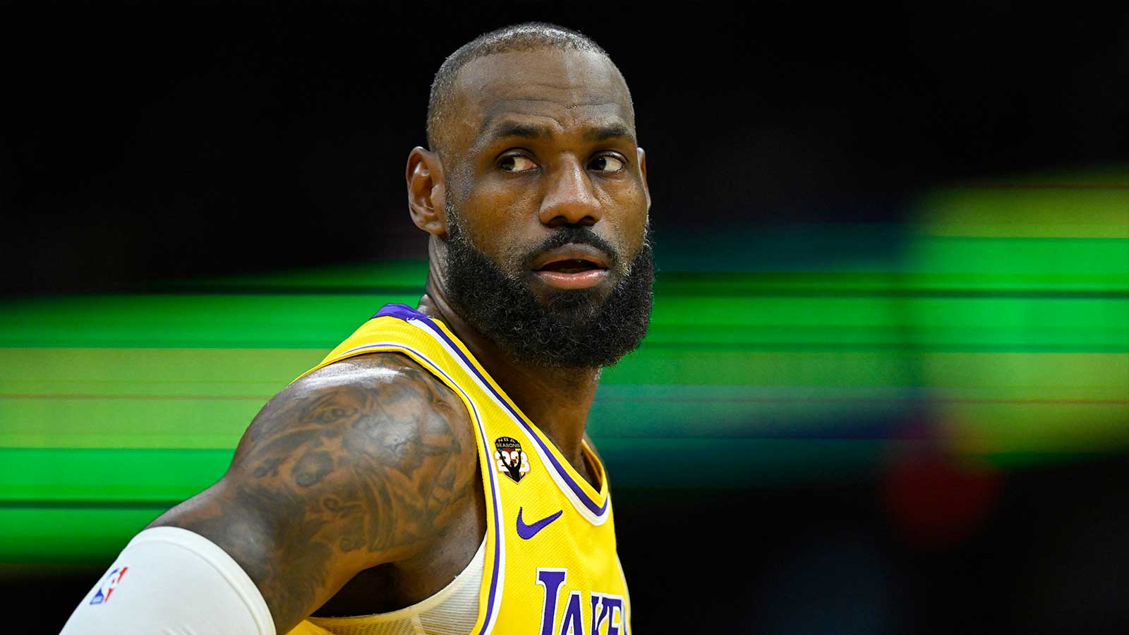 Lakers forward LeBron James (23) stands on the court in the third quarter against the Cleveland Cavaliers at Rocket Arena