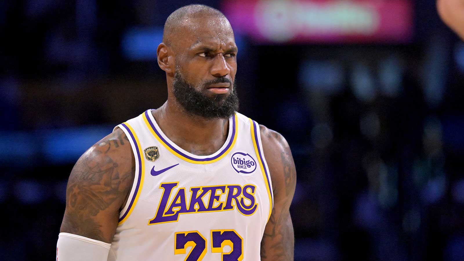 Lakers forward LeBron James (23) reacts after a foul in game three of the second round of the 2026 NBA Playoffs against the Oklahoma City Thunder at Crypto.com Arena