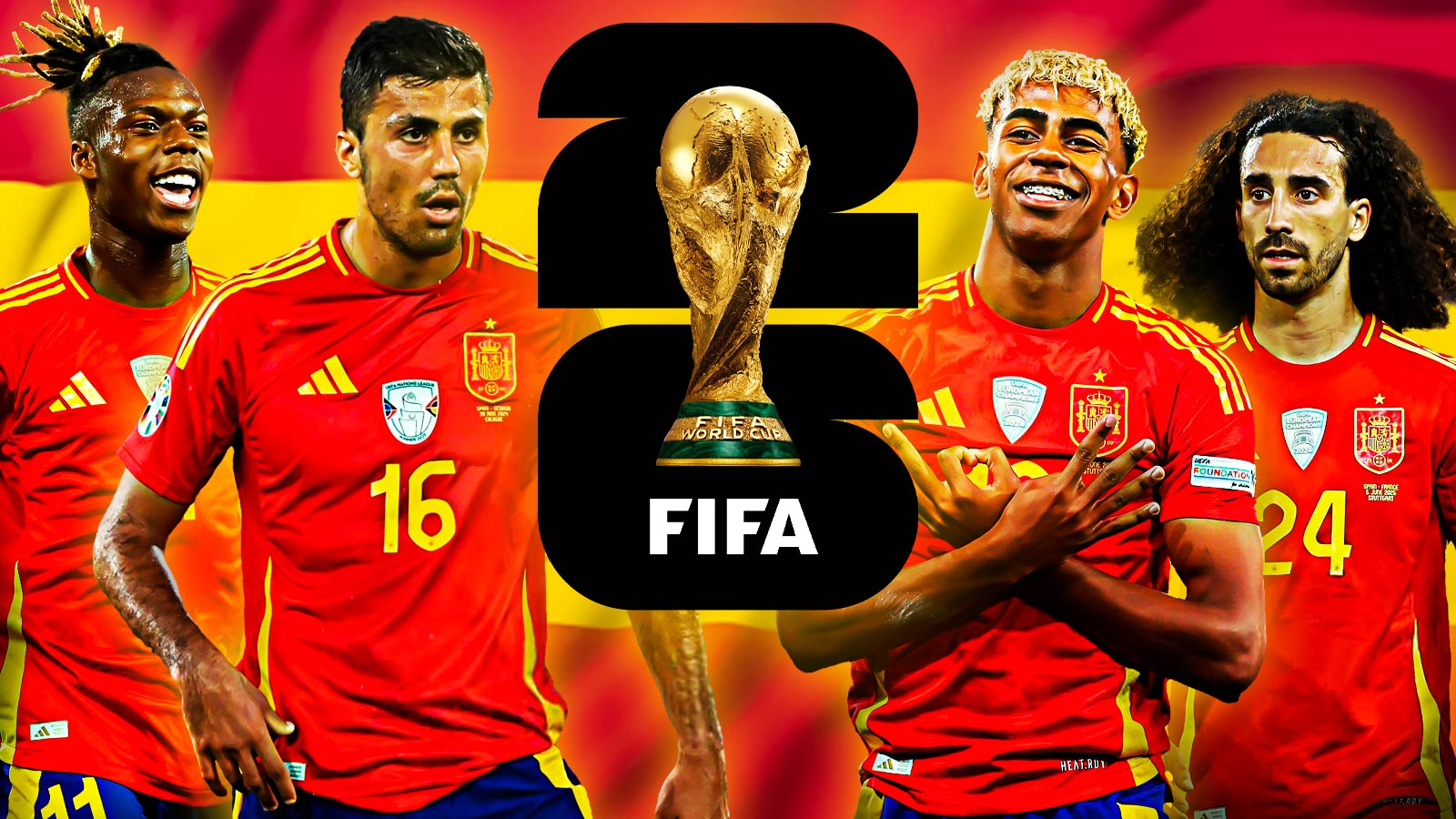 Lamine Yamal, Rodri, Nico Williams, and Marc Cucurella all in Spain national football team kits, a Spain flag as the background, and a 2026 World Cup logo in front