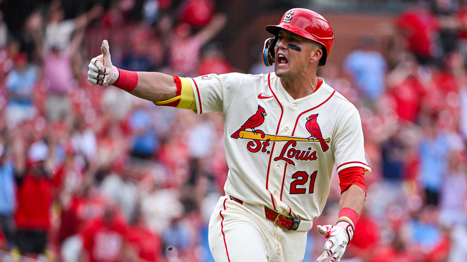 St. Louis Cardinals center fielder Lars Nootbaar (21) reacts after hitting a go ahead two run home run against the Cincinnati Reds during the eighth inning at Busch Stadium. 