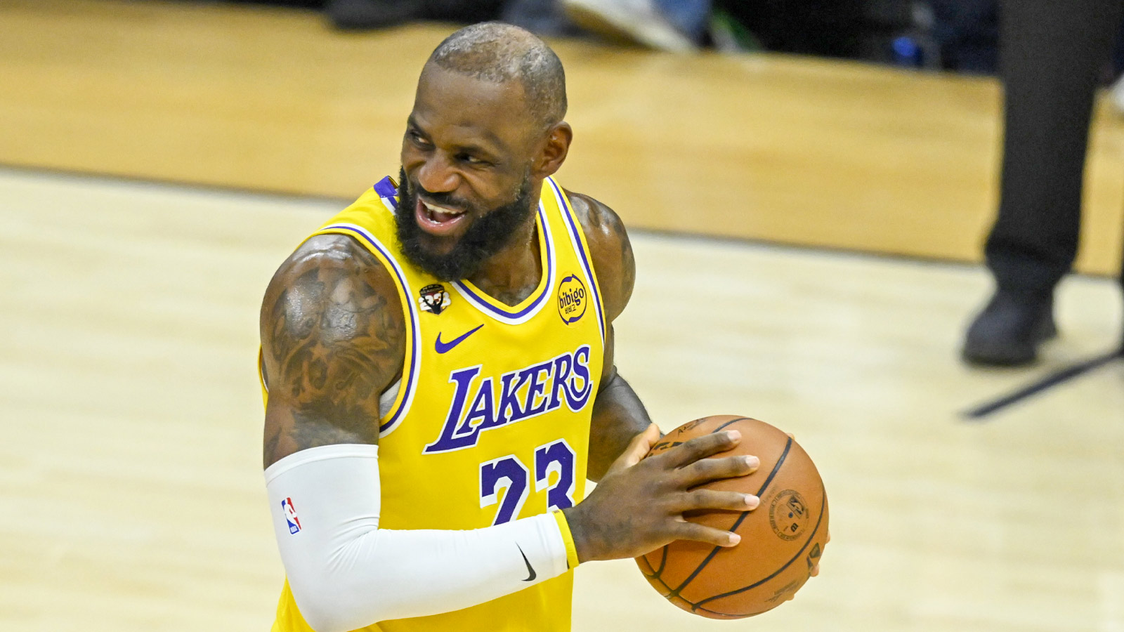 Los Angeles Lakers forward LeBron James (23) reacts before shooting a free throw in the second quarter against the Cleveland Cavaliers at Rocket Arena.