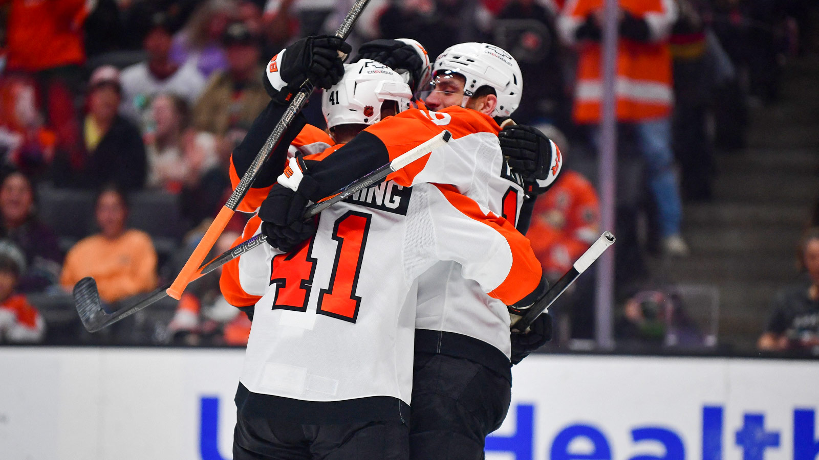 Philadelphia Flyers celebrate the goal scored by center Luke Glendening (41) against the Anaheim Ducks during the first period at Honda Center.
