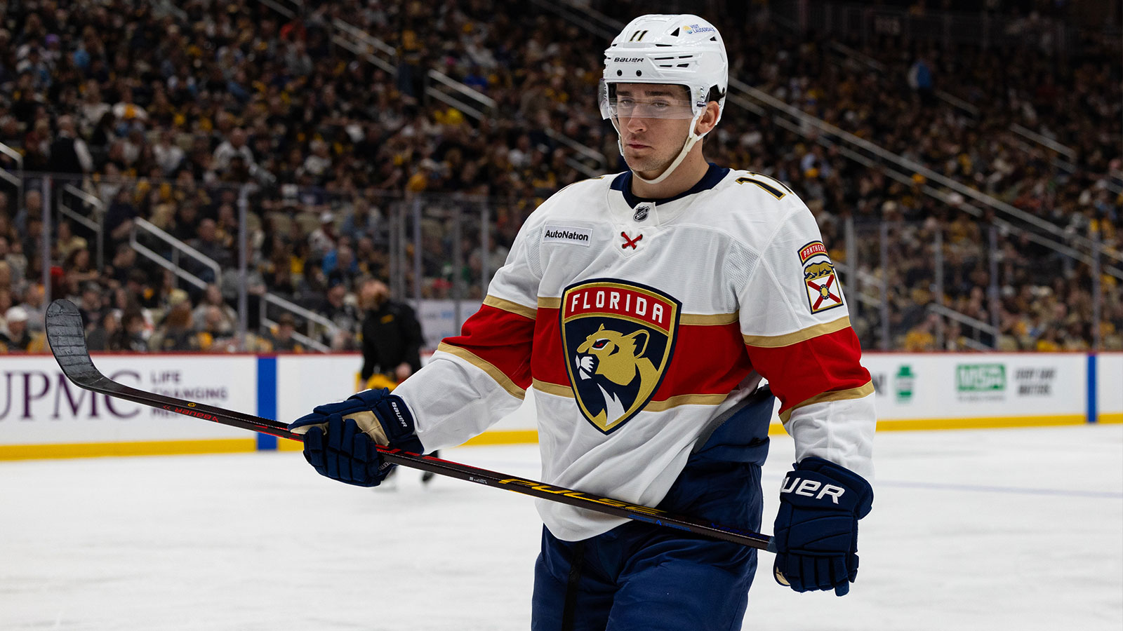 Florida Panthers right wing Mackie Samoskevich (11) looks on against the Pittsburgh Penguins during the second period at PPG Paints Arena. 