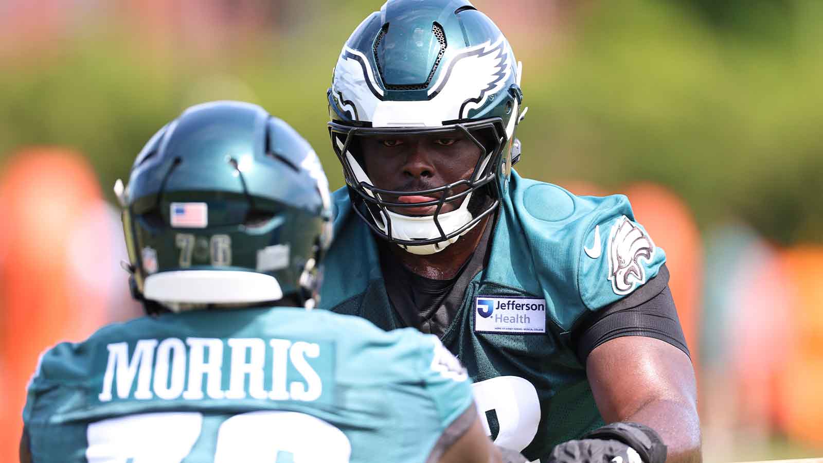 Philadelphia Eagles linemen Markel Bell (R) and Micah Morris (L) run drills during rookie minicamp at NovaCare Complex.